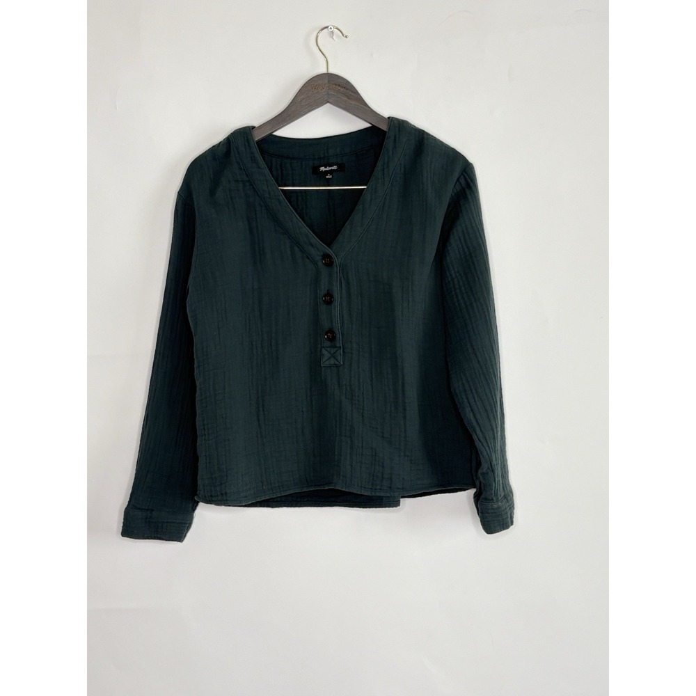 Madewell Womens Medium Double Gauze Cotton Henley Top Emerald Green Long Sleeve